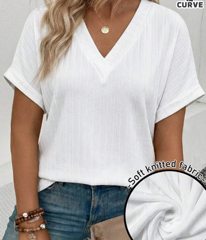 Women's Spring/Summer New Arrival Soft Knit Wide Ribbed V-Neck Short Sleeve Plus Size T-Shirt
