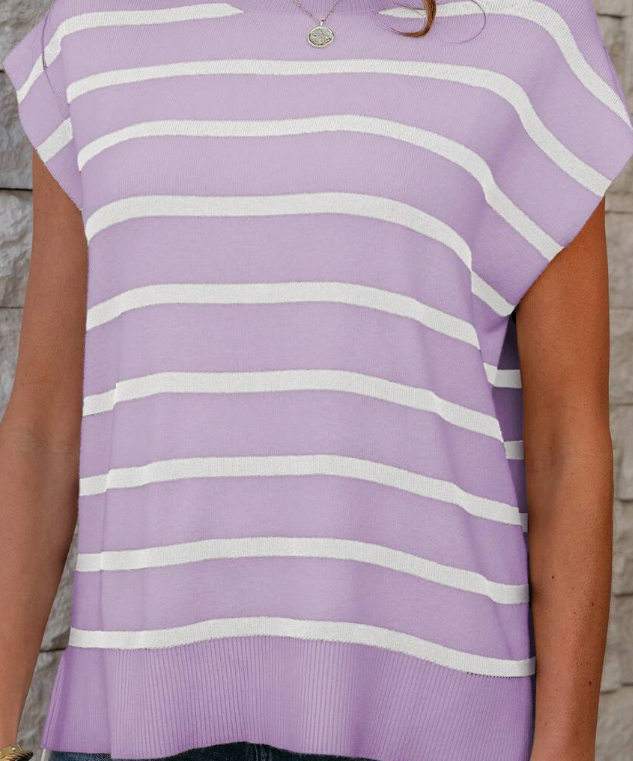 Women's Striped Side Slit Crew Neck Short Sleeve Knit Top